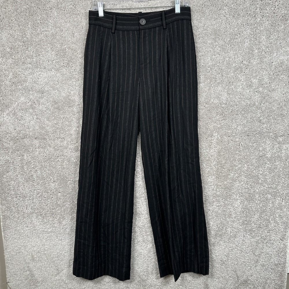 VINCE Pants Womens 4 Black Brown Pinstripe Wide Leg Dress Trousers Work Wool